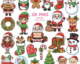 Merry Christmas Clipart, Merry Kawaii Christmas Clipart, Cute Christmas PNG, Holiday PNG, Santa, Reindeer, Snowman, Christmas stickers
