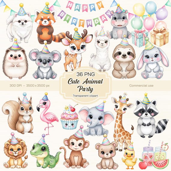 Cute Animal Party Clipart, Animal Clipart, Birthday Party PNG, Adorable Animal Clipart, Sweet Safari PNG, Transparent clipart