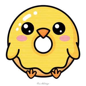 Peut inclure: Illustration de dessin anim&eacute; d'un beignet jaune en forme de poussin avec un centre blanc. Le poussin a de grands yeux noirs, un petit bec orange et des marques roses sur les joues. Le design comprend de petites ailes et des pieds.
