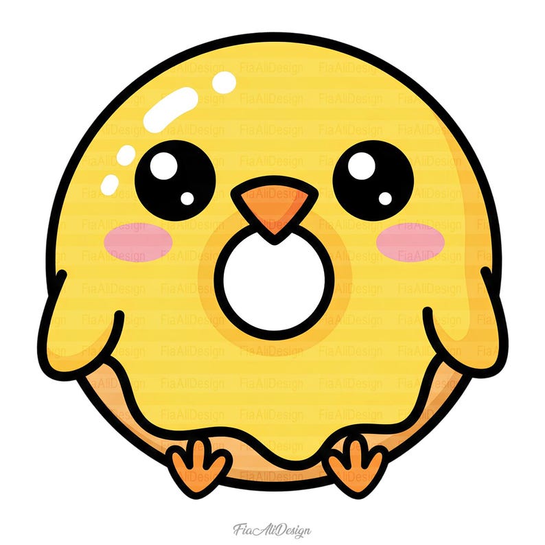 Peut inclure: Illustration de dessin anim&eacute; d'un beignet jaune en forme de poussin avec un centre blanc. Le poussin a de grands yeux noirs, un petit bec orange et des marques roses sur les joues. Le design comprend de petites ailes et des pieds.