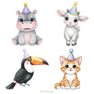 May include: A digital illustration features four adorable animals: a hippo, a goat, a toucan, and a kitten. Each animal wears a colorful party hat. The hippo is gray, the goat is white, the toucan has a large orange beak, and the kitten is orange and white.
