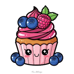 May include: A cartoon cupcake with pink frosting, blueberries, and a raspberry. The cupcake has a smiling face and is surrounded by blueberries. The design is colorful and playful, perfect for stickers or prints.