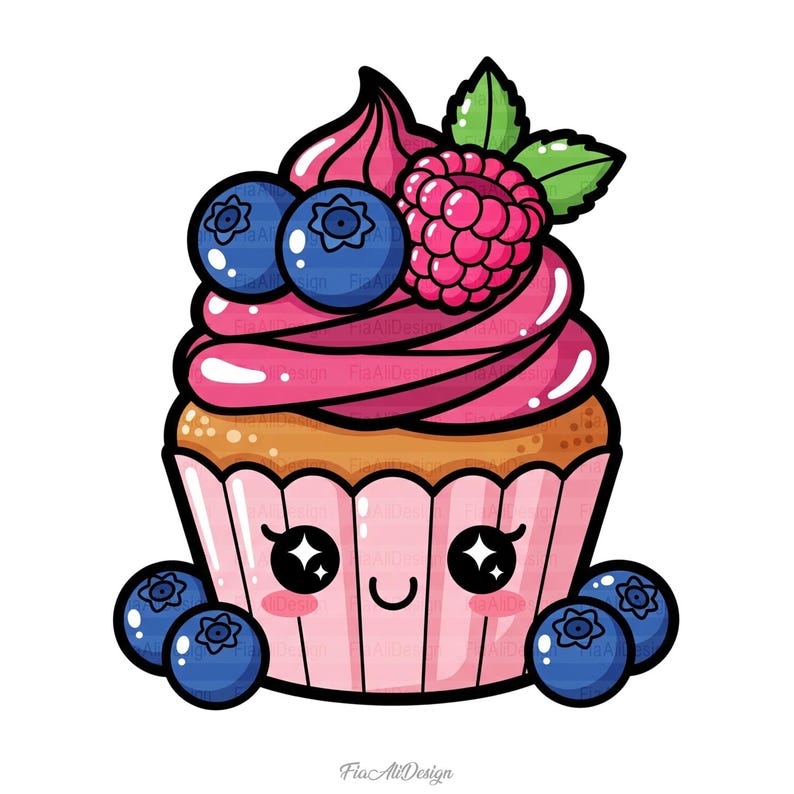 May include: A cartoon cupcake with pink frosting, blueberries, and a raspberry. The cupcake has a smiling face and is surrounded by blueberries. The design is colorful and playful, perfect for stickers or prints.