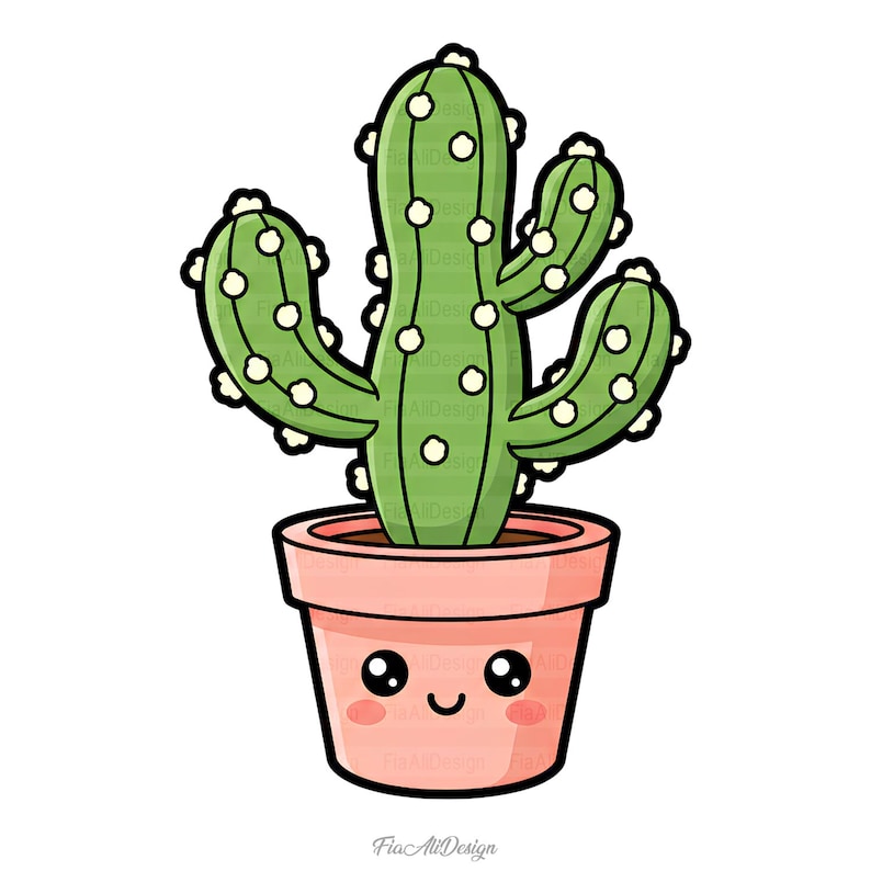Pu&ograve; includere: Illustrazione di un cartone animato di un cactus verde con accenti bianchi in un vaso rosa. Il vaso ha una faccia sorridente. L'immagine &egrave; un design digitale.