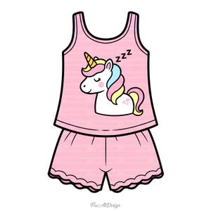 May include: A pink pajama set with a sleeping unicorn design. The top is a vest style, and the shorts have a scalloped edge. The unicorn has a colorful mane and horn, with the word "zzz" above it. Design by Fia Ali Design.