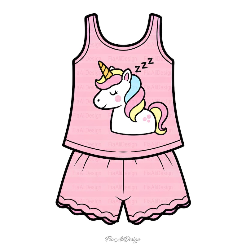 May include: A pink pajama set with a sleeping unicorn design. The top is a vest style, and the shorts have a scalloped edge. The unicorn has a colorful mane and horn, with the word "zzz" above it. Design by Fia Ali Design.