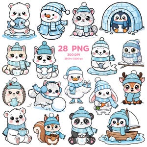 Blauwe winter beestje clipart, winter dieren clipart, pooldieren png, winterblues, schattige winter stickers, pinguïns ijsberen zeehonden