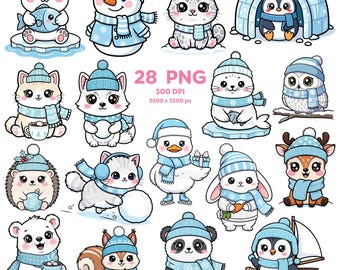 Imágenes prediseñadas de criaturas invernales azules, imágenes prediseñadas de animales de invierno, PNG de animales árticos, melancolía invernal, lindas pegatinas de invierno, pingüinos, osos polares, focas