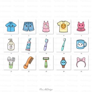 May include: A selection of illustrated items, including clothing, toiletries, and accessories. The image shows a blue shirt, denim shorts, a unicorn pajama set, a yellow shirt with a sun graphic, and a pink dress. Other items include lotion, toothpaste, toothbrushes, a mug, and a watch.
