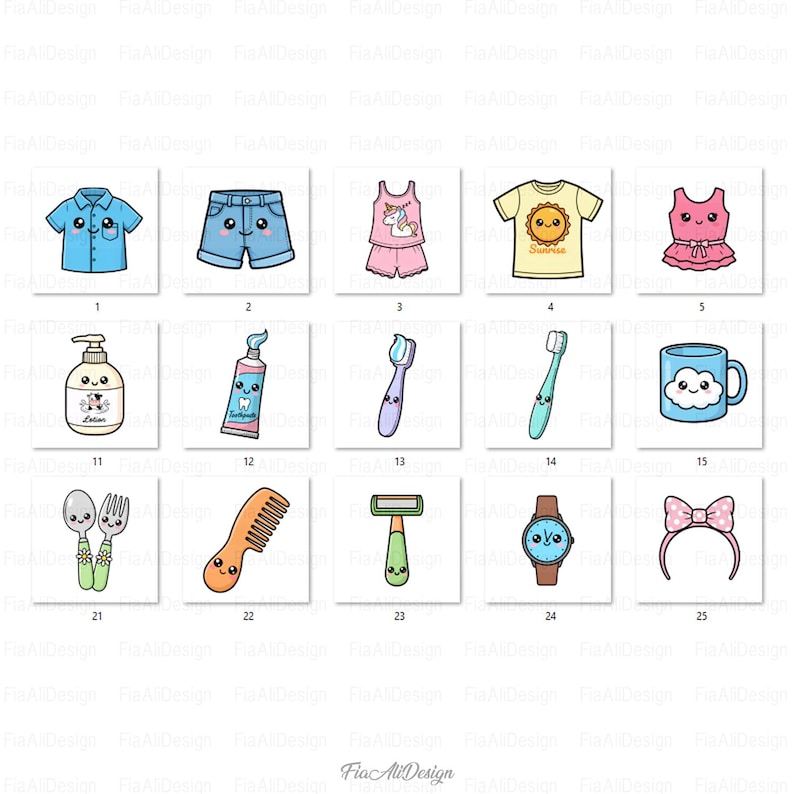 May include: A selection of illustrated items, including clothing, toiletries, and accessories. The image shows a blue shirt, denim shorts, a unicorn pajama set, a yellow shirt with a sun graphic, and a pink dress. Other items include lotion, toothpaste, toothbrushes, a mug, and a watch.
