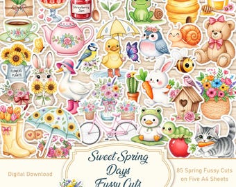 Dulces días de primavera, recortes precisos, imprimibles para diario creativo, suministros para diario creativo, kit para diario creativo, pegatinas de primavera, pegatinas digitales