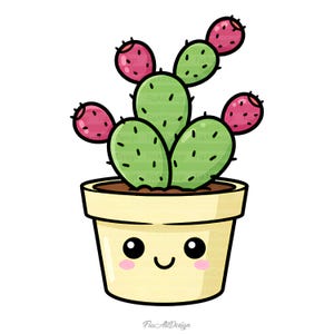 Pu&ograve; includere: Illustrazione di un cartone animato di un cactus in vaso con una faccia sorridente. Il cactus ha cuscinetti verdi e frutti rosa. Il vaso &egrave; giallo chiaro con terra marrone. Il design &egrave; di Fia Ali Design.