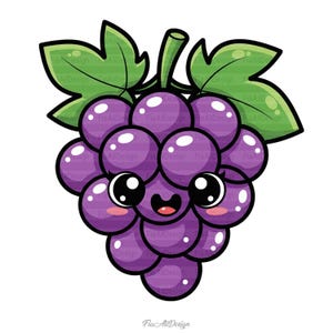 May include: A cartoon illustration of a bunch of purple grapes with a smiling face, large black eyes, and green leaves. The grapes have a glossy finish and are outlined in black. The design is on a white background.