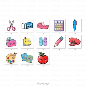 May include: A collection of colorful, cartoon-style school supplies. Includes scissors, an eraser, tape, a calculator, a pen, a pencil case, sticky notes, highlighters, a pencil, a stapler, a paint palette, books, and an apple. The image has the text "FixAliDesign".