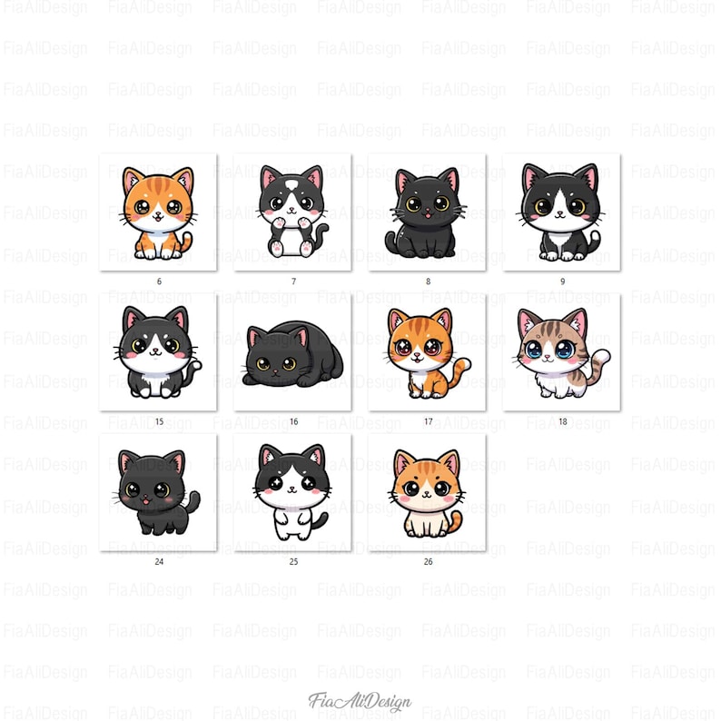 May include: A collection of cartoon cat illustrations in various poses and colors, including orange, black, and calico. Each cat is depicted with large eyes and a cute, friendly expression, perfect for stickers or prints.