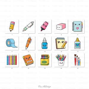 May include: A collection of illustrated stationery items, including a pencil, pen, highlighter, eraser, notebook, tape, glue, colored pencils, crayons, and paintbrushes. Each item has a cute, cartoon-like design with smiling faces and bright colors.