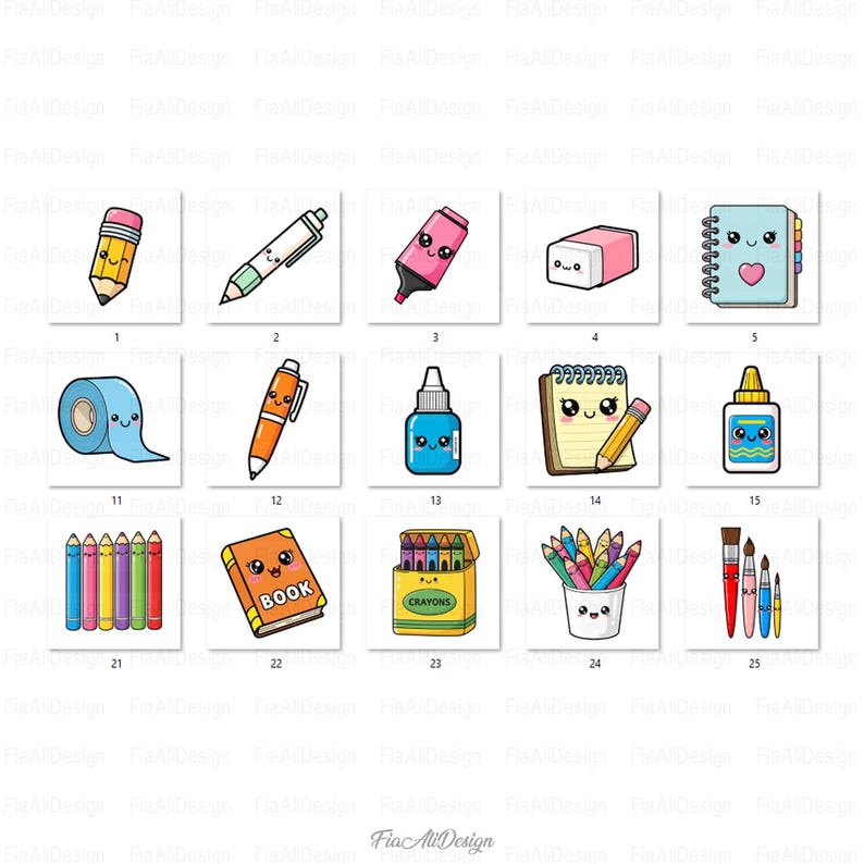 May include: A collection of illustrated stationery items, including a pencil, pen, highlighter, eraser, notebook, tape, glue, colored pencils, crayons, and paintbrushes. Each item has a cute, cartoon-like design with smiling faces and bright colors.