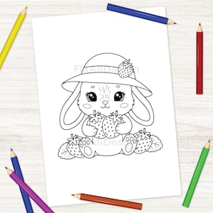 May include: Black and white illustration of a bunny wearing a hat with a strawberry and holding two strawberries. The bunny is sitting on strawberry leaves. The image is a coloring page.