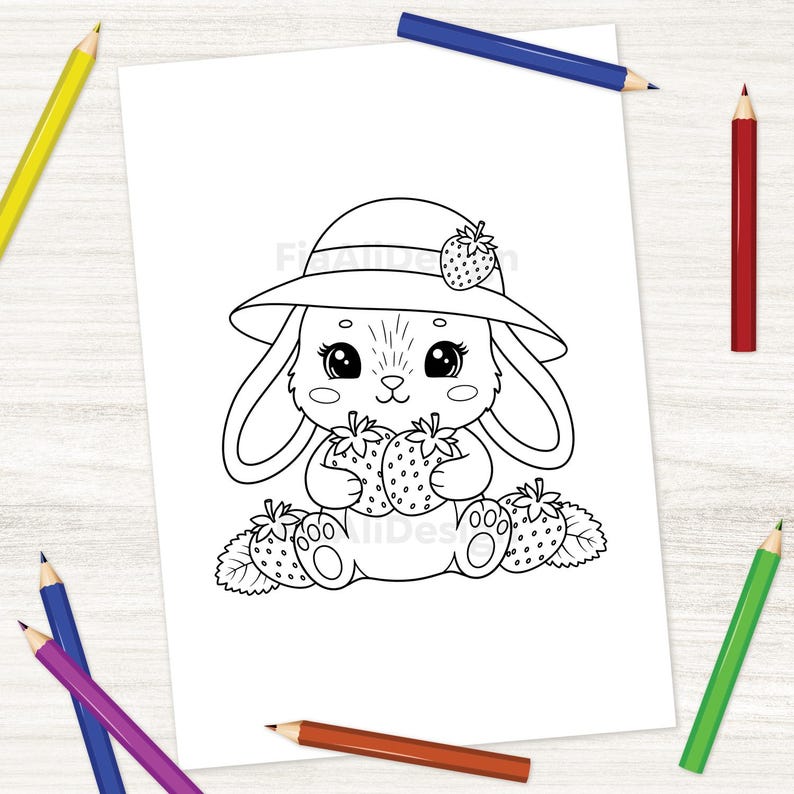 May include: Black and white illustration of a bunny wearing a hat with a strawberry and holding two strawberries. The bunny is sitting on strawberry leaves. The image is a coloring page.