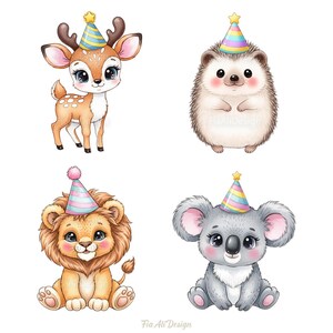 May include: A collection of four adorable cartoon animals: a deer, a hedgehog, a lion, and a koala. Each animal is wearing a colorful party hat with a star or pom-pom on top. The illustrations are in a cute, whimsical style.