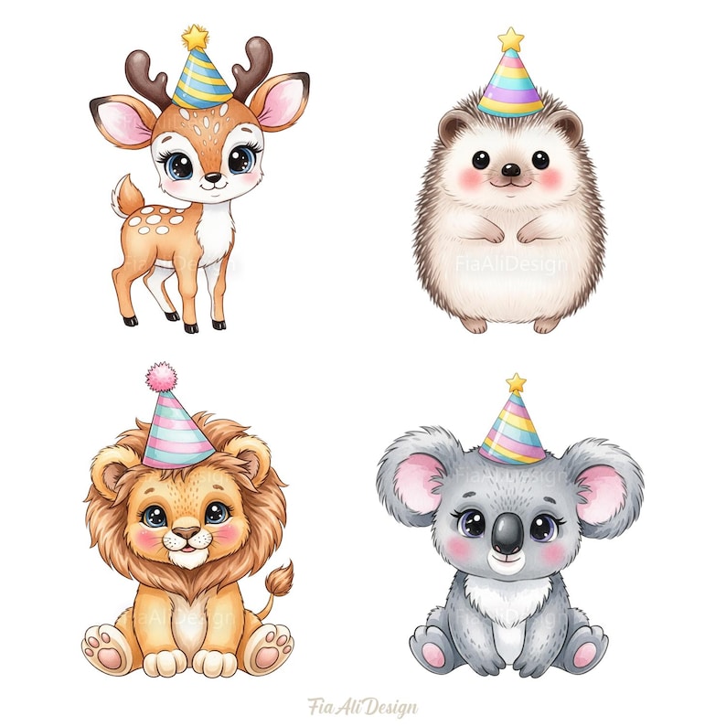 May include: A collection of four adorable cartoon animals: a deer, a hedgehog, a lion, and a koala. Each animal is wearing a colorful party hat with a star or pom-pom on top. The illustrations are in a cute, whimsical style.