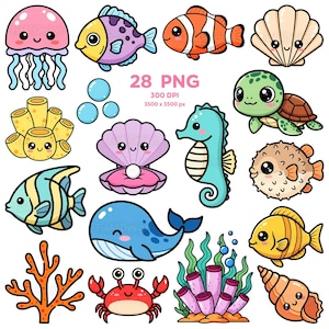 Puede incluir: Una colección de 28 PNG de criaturas y elementos marinos de dibujos animados, incluyendo una medusa, peces, un caballito de mar, una ballena, un cangrejo y coral. La imagen presenta una variedad de colores y diseños lindos y amigables. El texto "28 PNG" es visible.