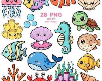 May include: A collection of 28 PNG cartoon sea creatures and elements, including a jellyfish, fish, seahorse, whale, crab, and coral. The image features a variety of colors and cute, friendly designs. The text "28 PNG" is visible.