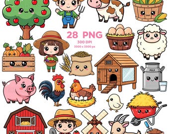 Kawaii Farm Friends Clipart, Cute Farm Animals Clipart, Harvest Day Kawaii Clipart, Happy Farmyard PNG, Kids Farm Party, Farm Stickers