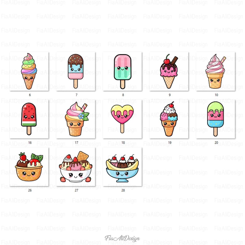 May include: A collection of colorful, cartoon-style illustrations of various ice cream treats. The images include ice cream cones, popsicles, and sundaes, each with a unique design and smiling face. The designs include a rainbow cone, a watermelon popsicle, and a heart-shaped popsicle.