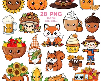 May include: A collection of 28 PNG fall-themed illustrations. The images include a sunflower, pumpkin, hat, mug, acorn, fox, cupcake, scarecrow, truck, and more. The text "28 PNG" and "300 DPI" is visible.