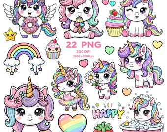 Kawaii Unicorn Fantasy Clipart, Unicorn Clipart, Pastel Unicorn PNG, Colorful Dreams Clipart, Kawaii PNG, Transparent clipart