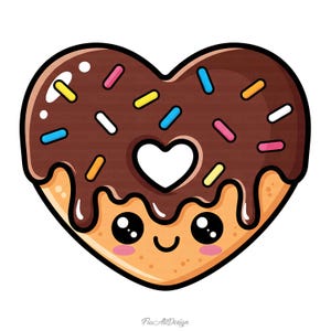 Peut inclure: Un donut en forme de c&oelig;ur avec un gla&ccedil;age au chocolat et des vermicelles color&eacute;s. Le donut a un trou en forme de c&oelig;ur blanc au centre et un visage souriant. Illustration de dessin anim&eacute;.