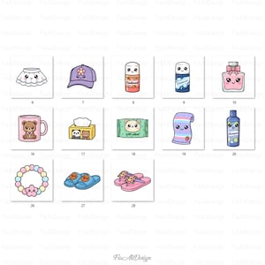 May include: A selection of illustrated items, such as a skirt, cap, deodorant, perfume, mug, tissue box, wet wipes, towel, shampoo, baby rattle, slippers, and flip-flops. Each item features a charming, cartoon-style design.