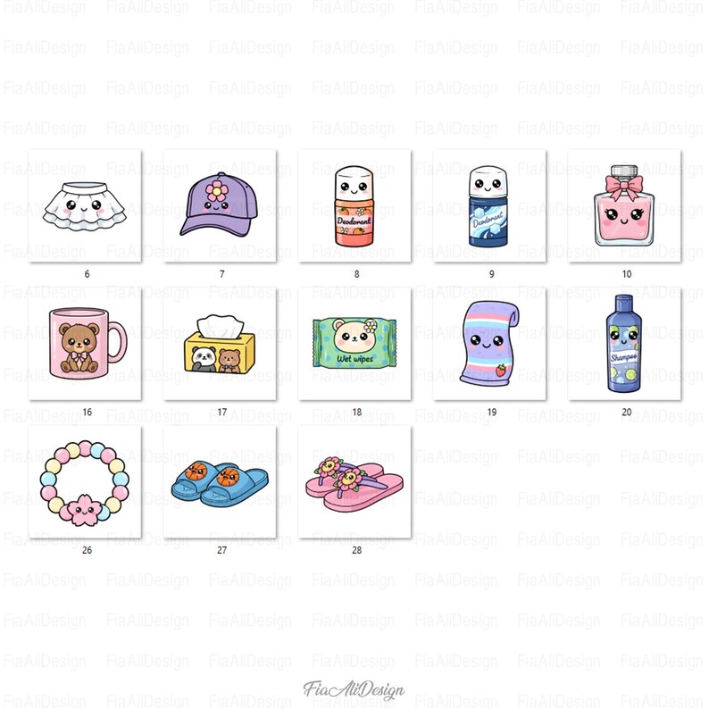 May include: A selection of illustrated items, such as a skirt, cap, deodorant, perfume, mug, tissue box, wet wipes, towel, shampoo, baby rattle, slippers, and flip-flops. Each item features a charming, cartoon-style design.