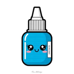 May include: A cartoon-style blue correction pen with a white cap and a black outline. The pen has a cute face with sparkling eyes and a smiling mouth. The label reads "CORRECTION PEN".