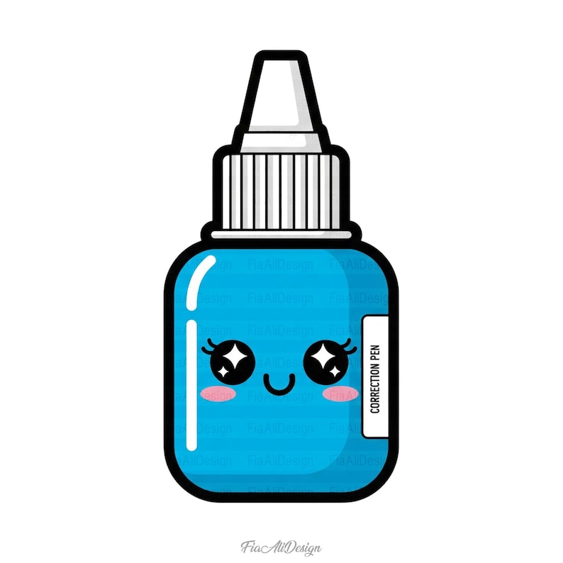 May include: A cartoon-style blue correction pen with a white cap and a black outline. The pen has a cute face with sparkling eyes and a smiling mouth. The label reads "CORRECTION PEN".
