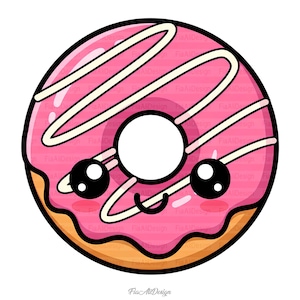 Peut inclure: Un donut de dessin anim&eacute; avec un gla&ccedil;age rose et des rayures de gla&ccedil;age blanches. Le donut a un visage souriant avec de grands yeux noirs et un trou central blanc. Le bord ext&eacute;rieur est marron.