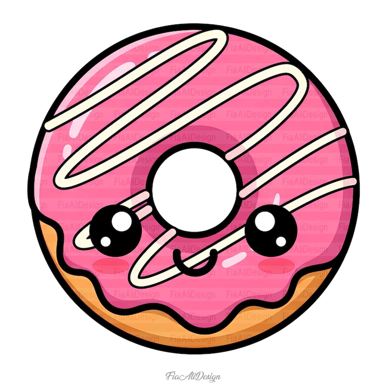 Peut inclure: Un donut de dessin anim&eacute; avec un gla&ccedil;age rose et des rayures de gla&ccedil;age blanches. Le donut a un visage souriant avec de grands yeux noirs et un trou central blanc. Le bord ext&eacute;rieur est marron.