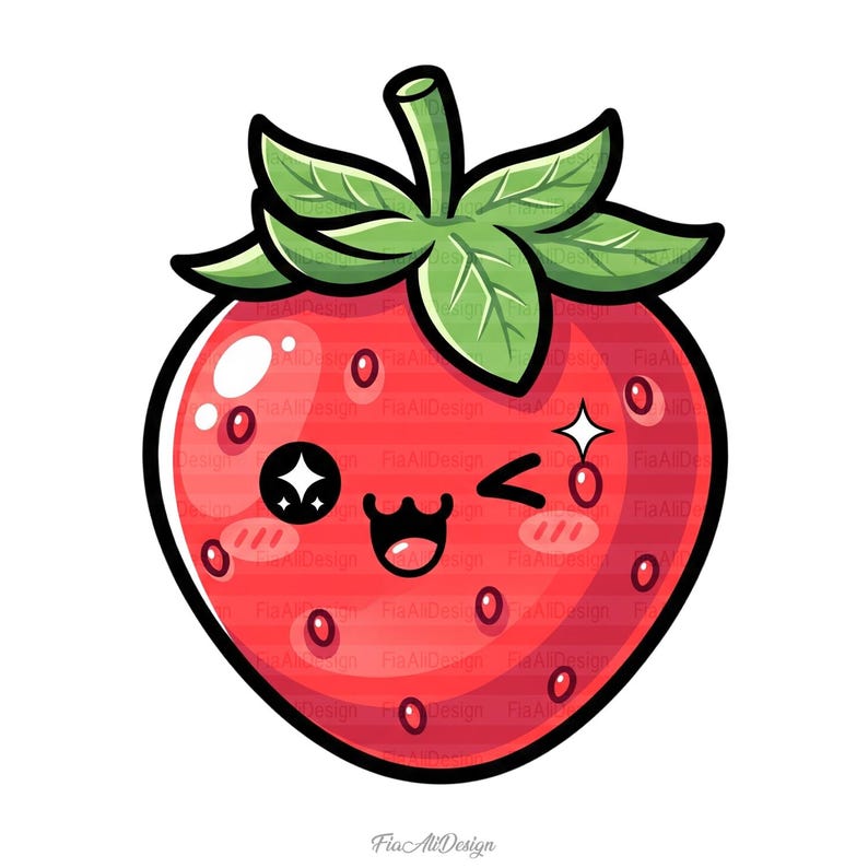 May include: A cartoon strawberry with a smiling face, winking eye, and sparkling accents. The red fruit has green leaves and a black outline, with small seeds and blush marks. The design is cute and playful.