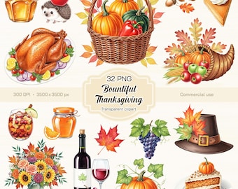 May include: Watercolour illustration of Thanksgiving elements. Includes a roasted turkey, pumpkins in a basket, a cornucopia, a slice of pie, a bottle of wine, and the text "Bountiful Thanksgiving".