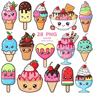 Kawaii-ijs clipart, schattige ijs clipart, ijsje png, ijslolly, ijs digitale download, ijs stickers,