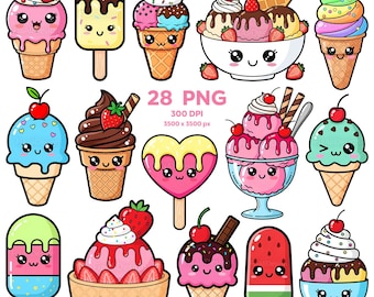 Kawaii Ice Cream Clipart, Cute Ice Cream Clipart, Ice Cream Cone PNG, Popsicle, Ice Cream Digital Download, Ice Cream Stickers,