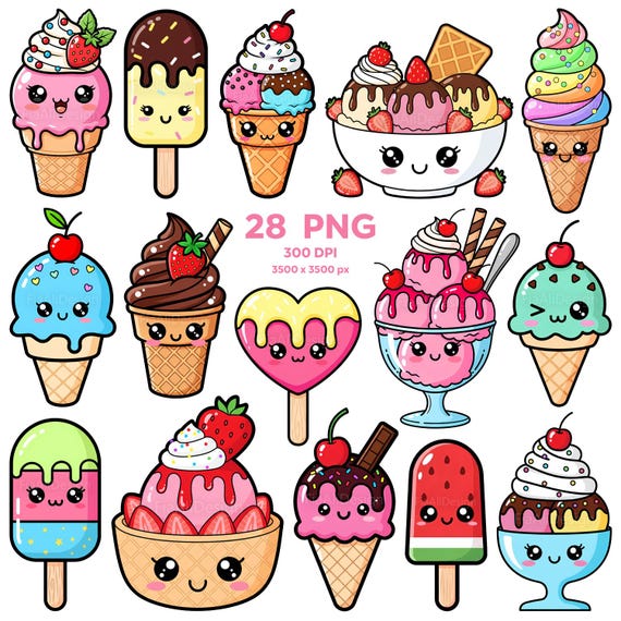 Kawaii Ice Cream Clipart, Cute Ice Cream Clipart, Ice Cream Cone PNG, Popsicle, Ice Cream Digital Download, Ice Cream Stickers,