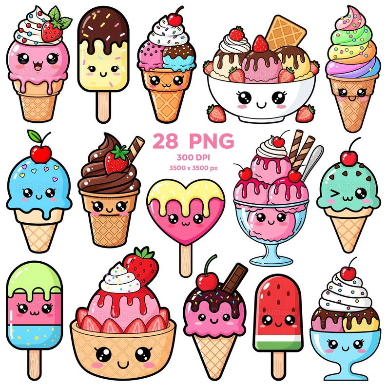 May include: A collection of colorful, cartoon-style ice cream treats. The image includes ice cream cones, popsicles, and sundaes, each with unique flavors, toppings, and adorable facial expressions. Strawberries, cherries, and chocolate are common elements.