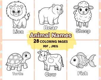 Animal Names Coloring Pages, Animal Vocabulary Coloring Pages, Coloring Book, Animal Words Coloring, Back to school, Coloring Book for Kids