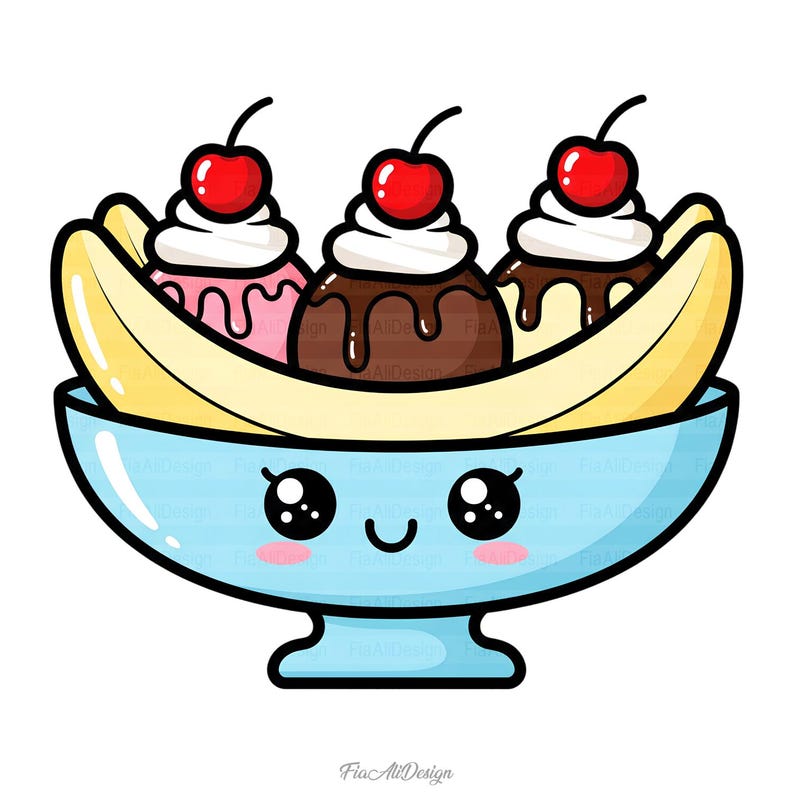 May include: A cartoon illustration of a banana split in a light blue bowl with a smiling face. The banana split has three scoops of ice cream, pink, chocolate, and vanilla, topped with whipped cream and a cherry.