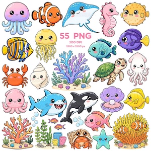 May include: A collection of 2D cartoon sea creatures, including a jellyfish, clownfish, stingray, seahorse, pufferfish, and more. The image includes the text "55 PNG" and dimensions.