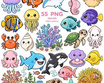Kawaii Sea Life Clipart, Cute Ocean Animals Clipart, Adorable Sea Creatures, Little Ocean Cuties PNG, Fish, Squid, Shark, Crab, Shellfish