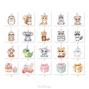 May include: A collection of watercolor illustrations featuring adorable animals and party-themed items. Each animal, including a hedgehog, squirrel, and cat, wears a party hat. Other images include gifts, donuts, and drinks. The text "Fia Ali Design" is at the bottom.