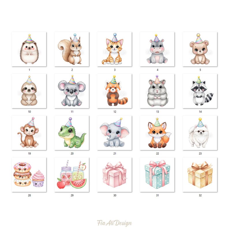 May include: A collection of watercolor illustrations featuring adorable animals and party-themed items. Each animal, including a hedgehog, squirrel, and cat, wears a party hat. Other images include gifts, donuts, and drinks. The text "Fia Ali Design" is at the bottom.